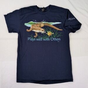Plays Well With Otters Crew Neck T Shirt Men Size Medium Blue